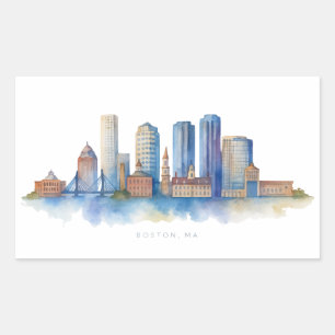 Sticker Rectangulaire Horizon de la ville de Boston à l'aquarelle   Mode