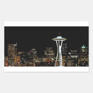 Sticker Rectangulaire Horizon de Seattle la nuit, avec l'aiguille de