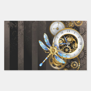 Sticker Rectangulaire Horloge à vapeur avec libellule mécanique