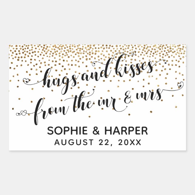 Sticker Rectangulaire Hugs et Baisers de M & Mme Gold Confetti (Devant)