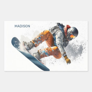 Sticker Rectangulaire Illustration de snowboarder de nom personnalisé
