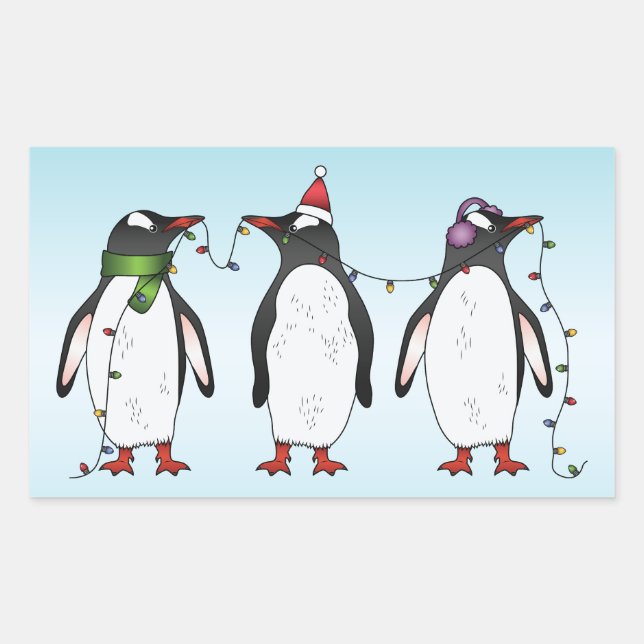 Sticker Rectangulaire Illustration de trois pingouins de Noël festifs (Devant)