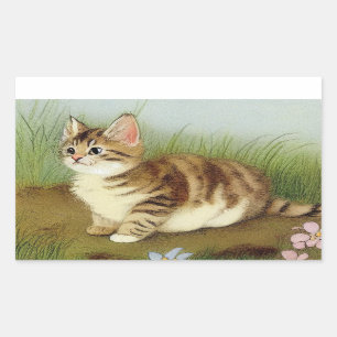 Sticker Rectangulaire Illustration vintage Kitten avec fleurs