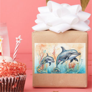 Sticker Rectangulaire Impression d'art de dauphins à l'aquarelle