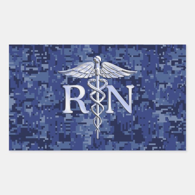 Sticker Rectangulaire Infirmière autorisée RN Caduceus sur Camo Bleu (Devant)
