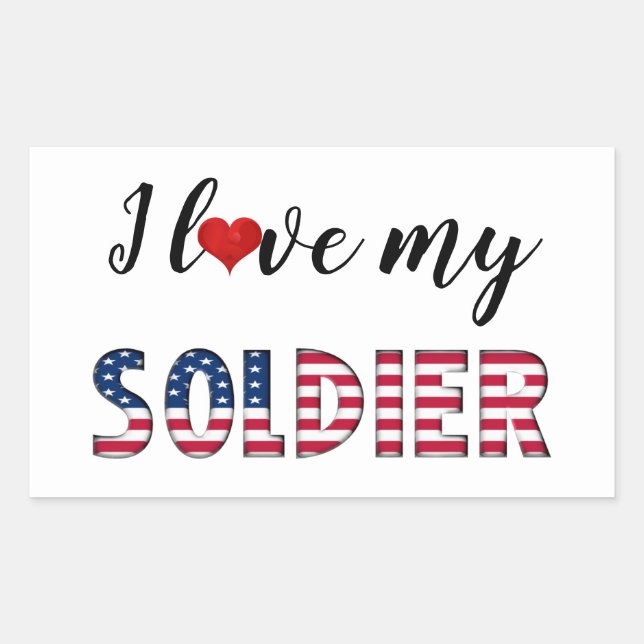 Sticker Rectangulaire J'aime mon soldat, Coeur American Flag Typographie (Devant)