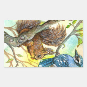 Sticker Rectangulaire Jay Bleu Et Écureuil