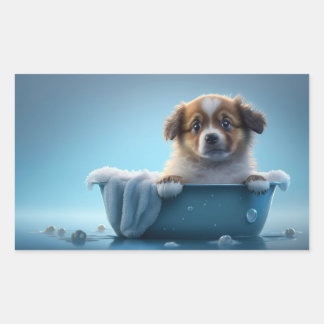 Sticker Rectangulaire Joli chiot dans Bain Bleu