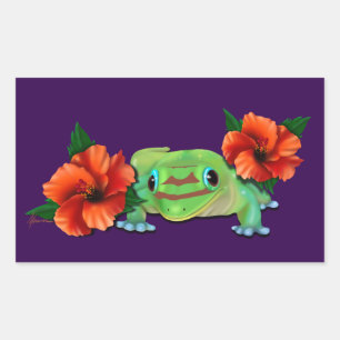 Sticker Rectangulaire Jour Gecko Avec Hibiscus