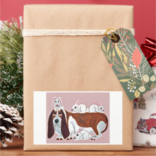 Sticker Rectangulaire Joyeuses Pâques Basset Hound avec des lapins
