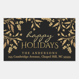 Sticker Rectangulaire Joyeuses vacances Noël Holly Gold Faux Foil