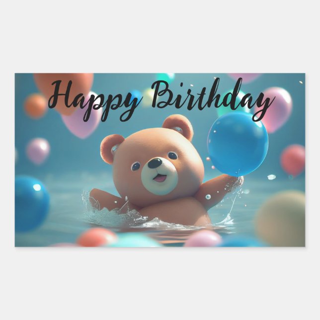 Sticker Rectangulaire Joyeux Anniversaire avec Teddy Bear et Ballons (Devant)