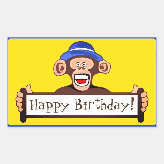 Sticker Rectangulaire Joyeux Anniversaire Drôle Singe avec signe (Devant)