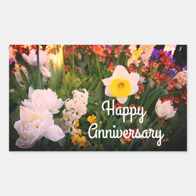Sticker Rectangulaire Joyeux Anniversaire Fleurs de Printemps #1-1 Stick (Devant)