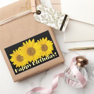 Sticker Rectangulaire Joyeux Anniversaire Jaune Fleurs de soleil Noir