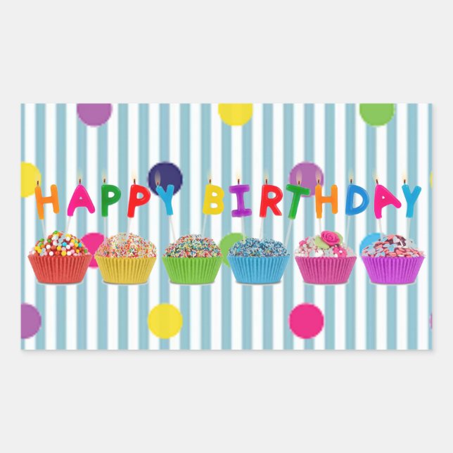 Sticker Rectangulaire Joyeux Cupcakes d'anniversaire avec des rayures" (Devant)