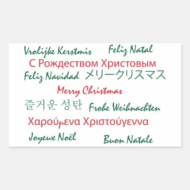 Sticker Rectangulaire Joyeux Noël Beaucoup de langues Vert Rouge (Devant)