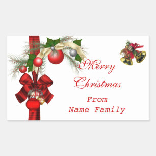 Sticker Rectangulaire Joyeux Noël Boules Blanches Or Rouge Fête de Noël