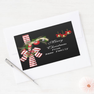 Sticker Rectangulaire Joyeux Noël Boules Rouges Noires Or Fête de Noël