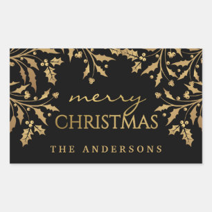 Sticker Rectangulaire Joyeux Noël Gold Faux Foil Holly Branches