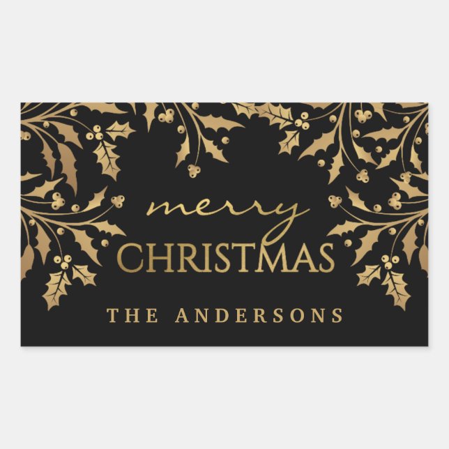 Sticker Rectangulaire Joyeux Noël Gold Faux Foil Holly Branches (Devant)