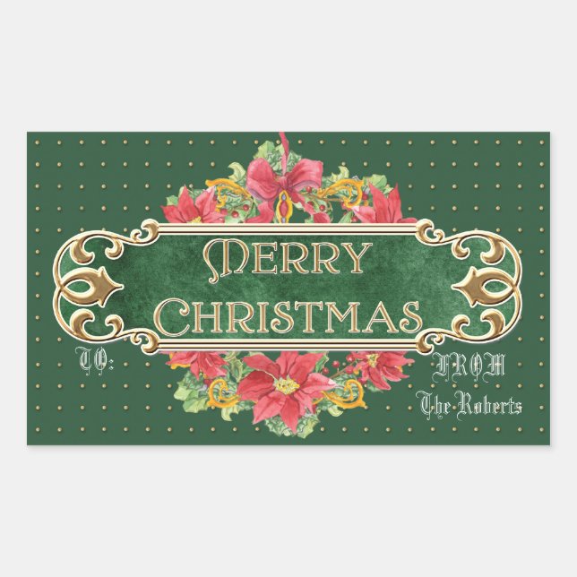 Sticker Rectangulaire Joyeux Noël Gold Swirl Poinsettia Wreath Jewel (Devant)