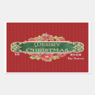 Sticker Rectangulaire Joyeux Noël Gold Swirl Poinsettia Wreath Jewel