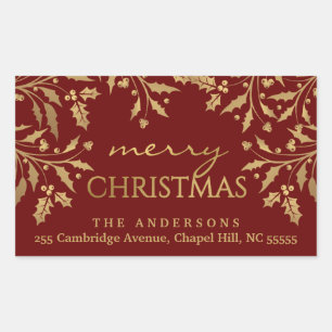 Sticker Rectangulaire Joyeux Noël Holly Gold Faux Foil Adresse