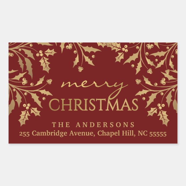 Sticker Rectangulaire Joyeux Noël Holly Gold Faux Foil Adresse (Devant)