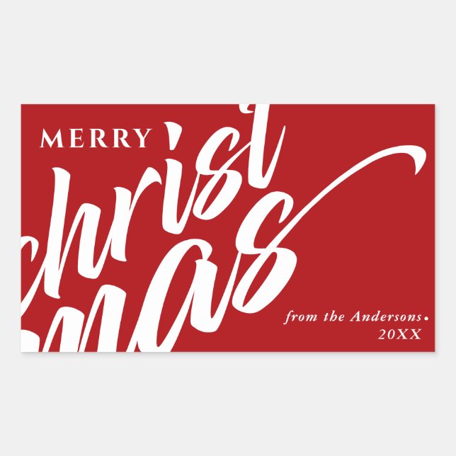 Sticker Rectangulaire Joyeux Noël Nom personnalisé Modern Bold Red (Devant)