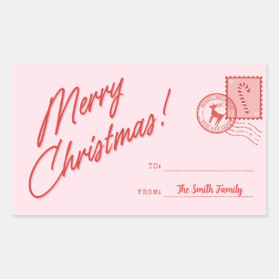Sticker Rectangulaire Joyeux Noël Rose et Rouge Rétro Personnalisable
