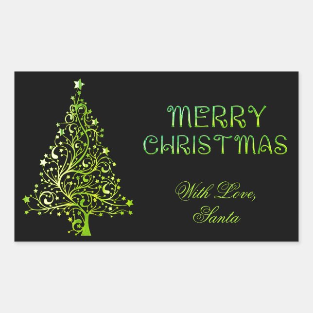 Sticker Rectangulaire Joyeux sapin de Noël Etoiles Black Green Élégant (Devant)