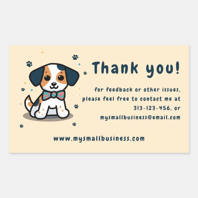 Sticker Rectangulaire Kawaii chiot merci informations commerciales (Devant)