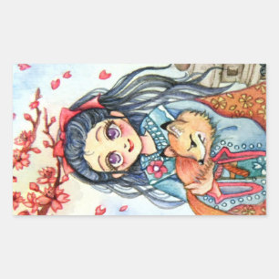 Sticker Rectangulaire Kimono Girl Holding Little Fox