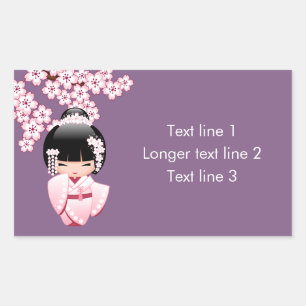 Sticker Rectangulaire Kimono rose mignonne poupée Kokeshi sur fond viole