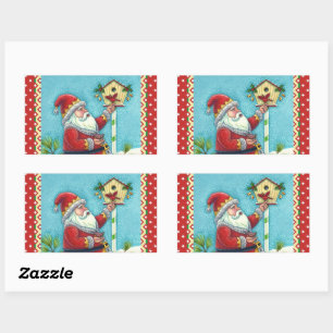 STICKER RECTANGULAIRE KRIS KRINGLE ALIMENTER LES OISEAUX REDBIRÉS, NOËL 