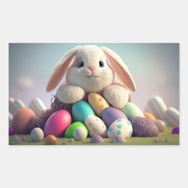 Sticker Rectangulaire Lapin de Pâques avec oeufs de Pâques (Devant)