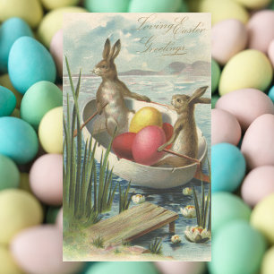 Sticker Rectangulaire Lapins vintage dans un bateau, Vœux de Pâques affe