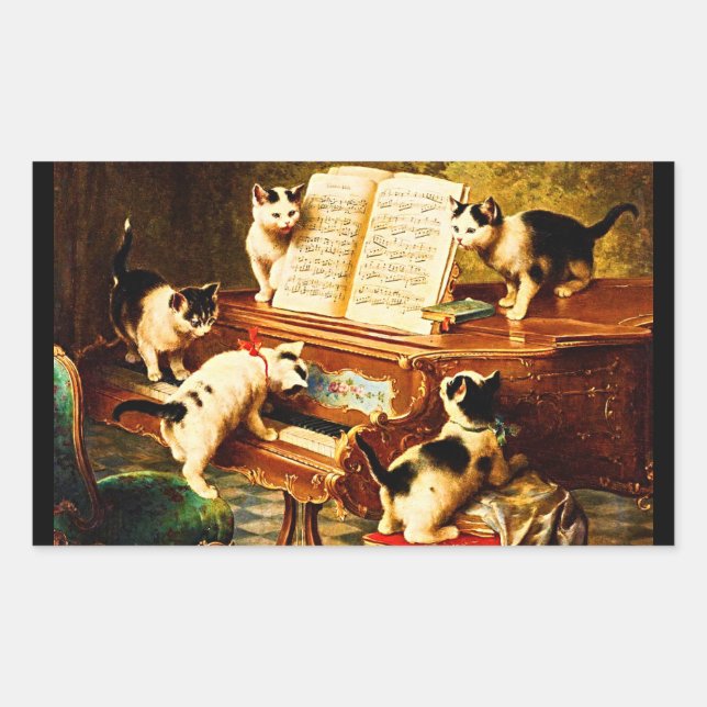 Sticker Rectangulaire Le Kitten Considérant de mignons chats au piano (Devant)