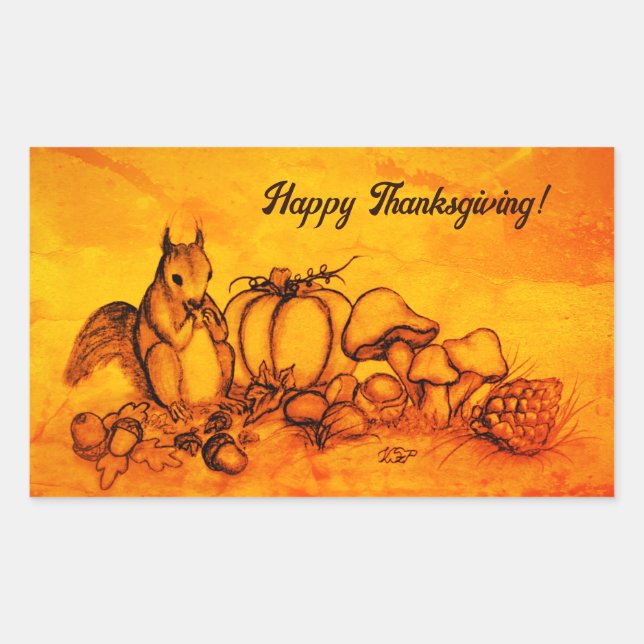 Sticker Rectangulaire L'écureuil en Automne, Bon thanksgiving ! (Devant)