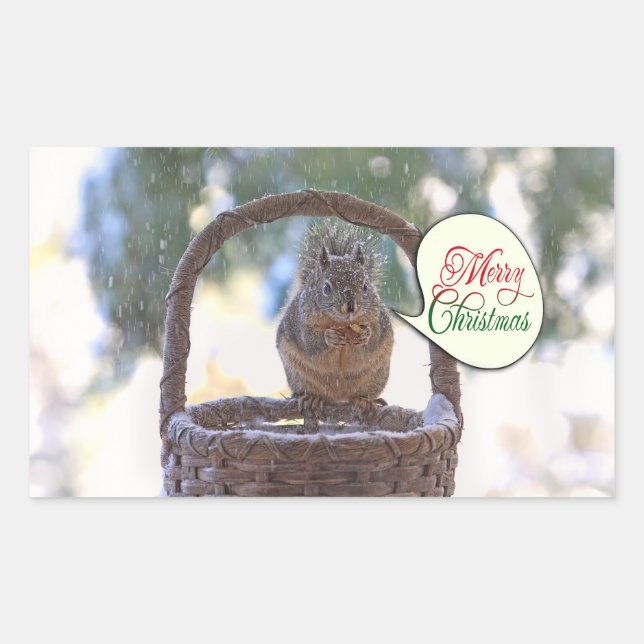Sticker Rectangulaire L'écureuil en neige dit Joyeux Noël (Devant)