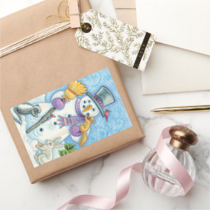 Sticker Rectangulaire Les mignons animaux construire un bonhomme de neig