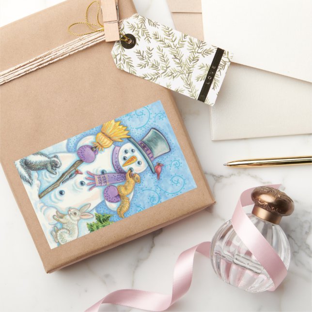 Sticker Rectangulaire Les mignons animaux construire un bonhomme de neig (Cadeaux)