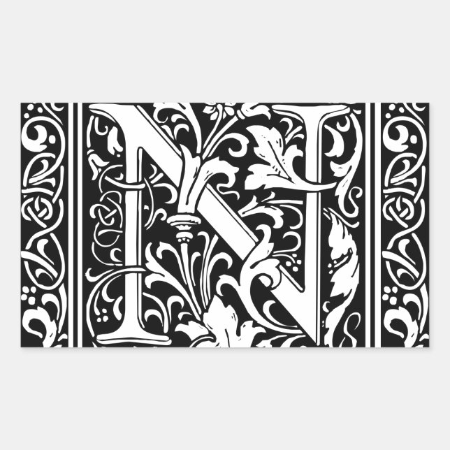 Sticker Rectangulaire Lettre N Monogramme médiéval Art Nouveau (Devant)