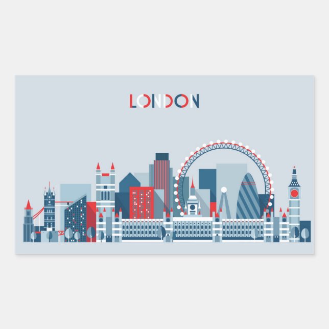 Sticker Rectangulaire Londres, Angleterre | Skyline rouge, blanc et bleu (Devant)