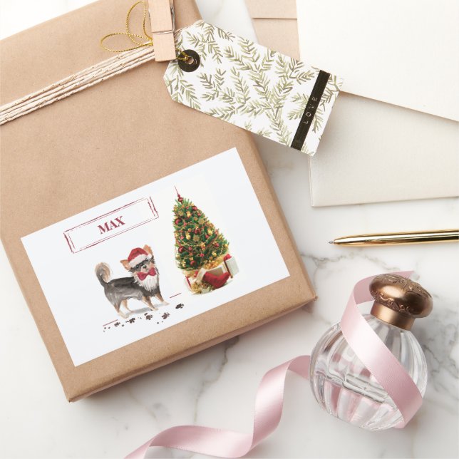 Sticker Rectangulaire Long Haired Chihuahua Funny Christmas Dog Tree (Cadeaux)