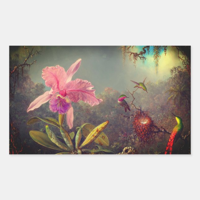 Sticker Rectangulaire L'orchidée de Cattleya et trois colibris Heade (Devant)
