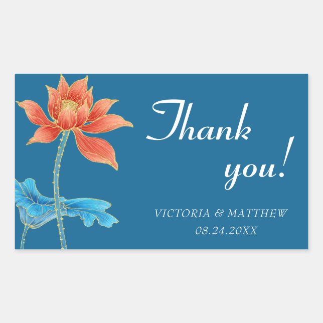 Sticker Rectangulaire Lotus Flower Orange & Merci Mariage bleu (Devant)