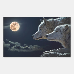 Sticker Rectangulaire Loups hurlant à la Pleine lune de nuit