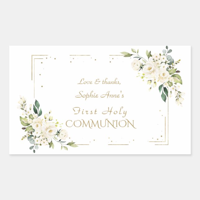 Sticker Rectangulaire Luxueux Blanc Roses sauvages Première Sainte Commu (Devant)